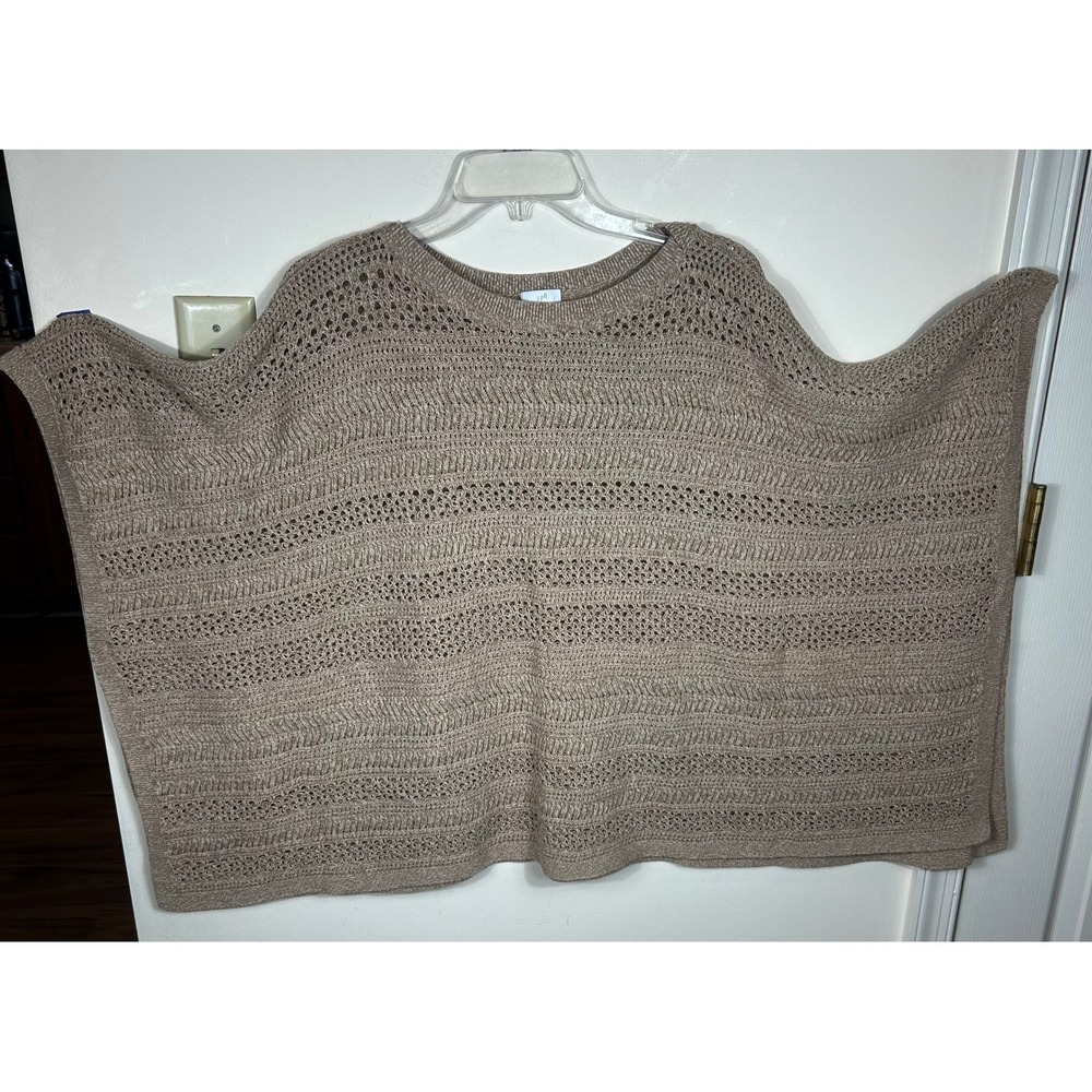 J Jill Boxy Poncho Sweater Women XL-3X Tan Crochet Knit Open Stitch Layering Top